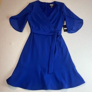 DKNY Royal Blue Flutter Sleeve Faux Wrap Dress Size 6 NWT Wedding Guest Colbalt
